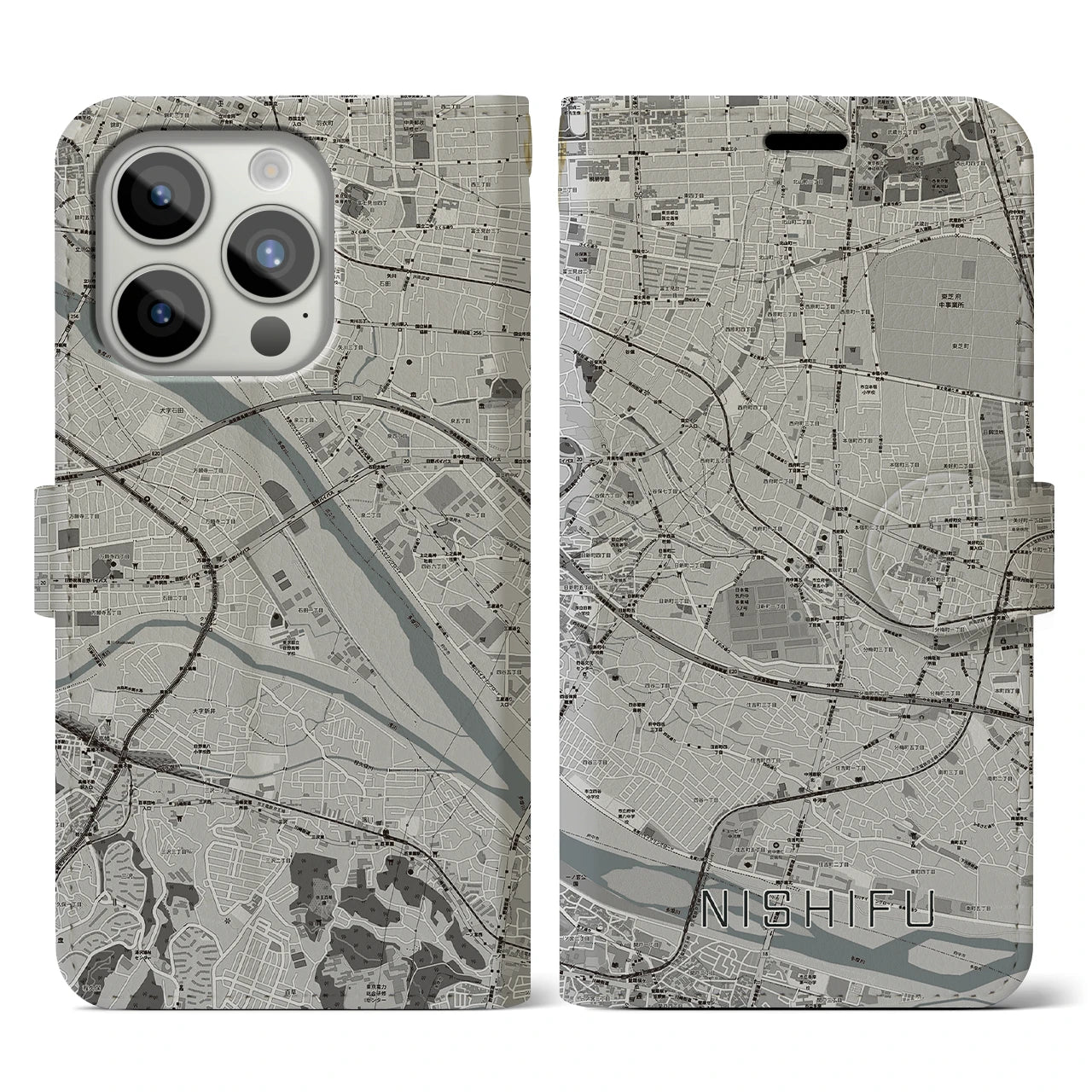 【西府(東京都)】地図柄iPhoneケース(手帳タイプ)モノトーン・iPhone 15 Pro 用