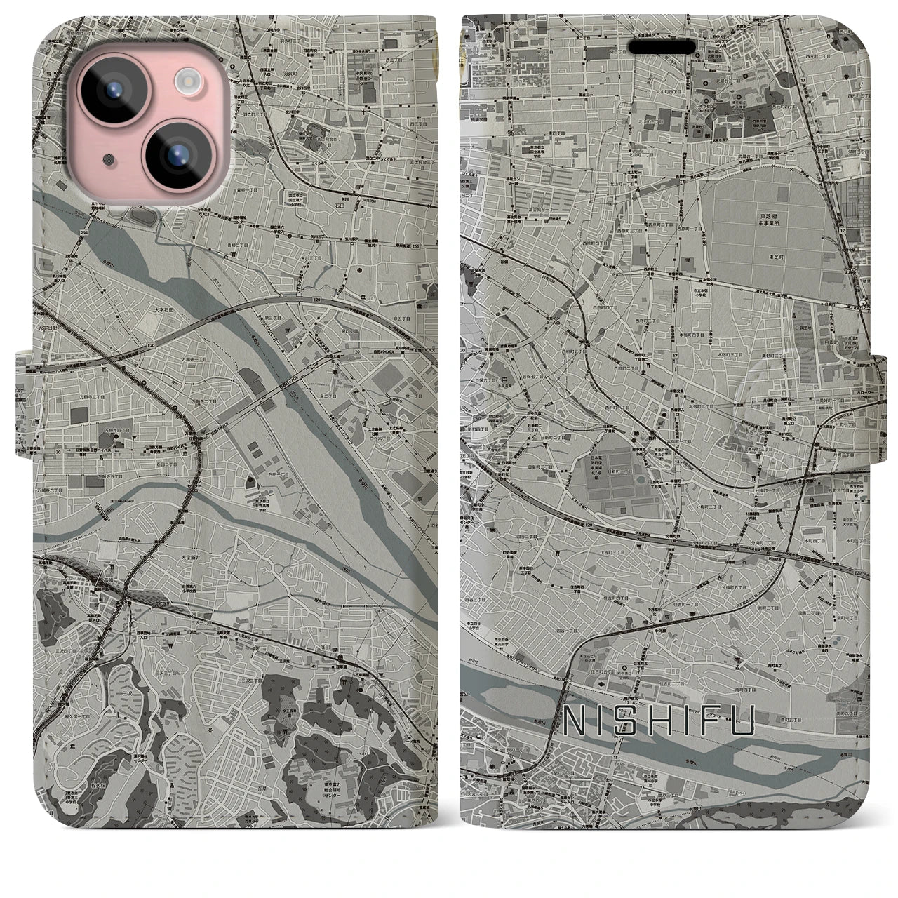 【西府(東京都)】地図柄iPhoneケース(手帳タイプ)モノトーン・iPhone 15 Plus 用