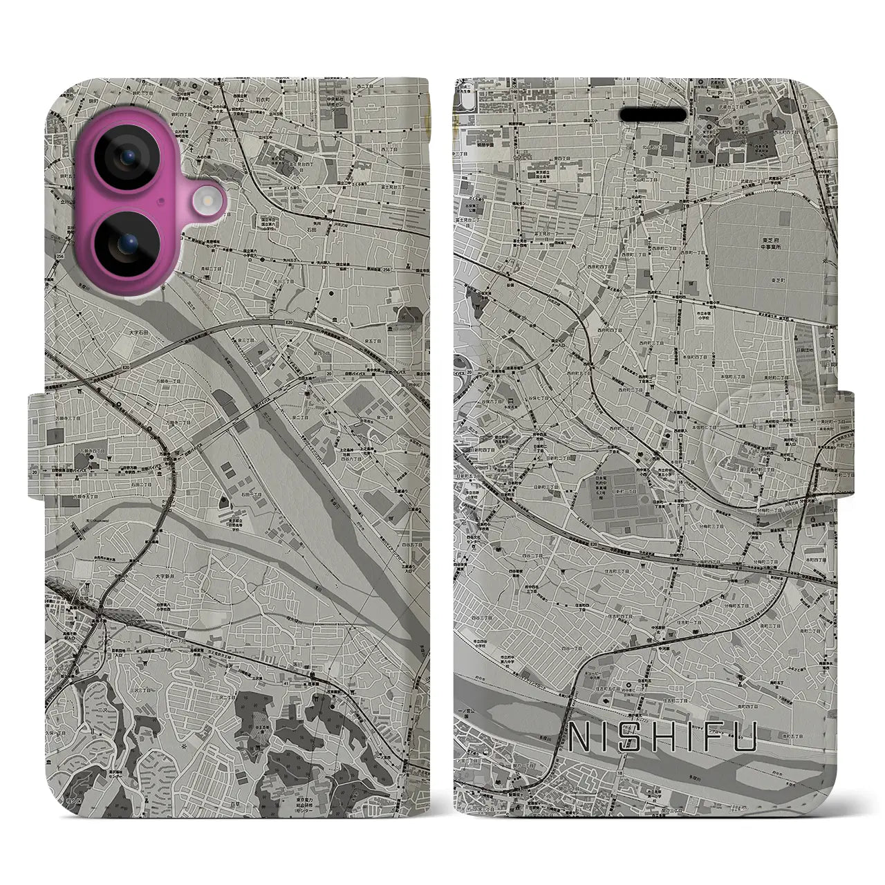 【西府(東京都)】地図柄iPhoneケース(手帳タイプ)モノトーン・iPhone 16 Pro 用