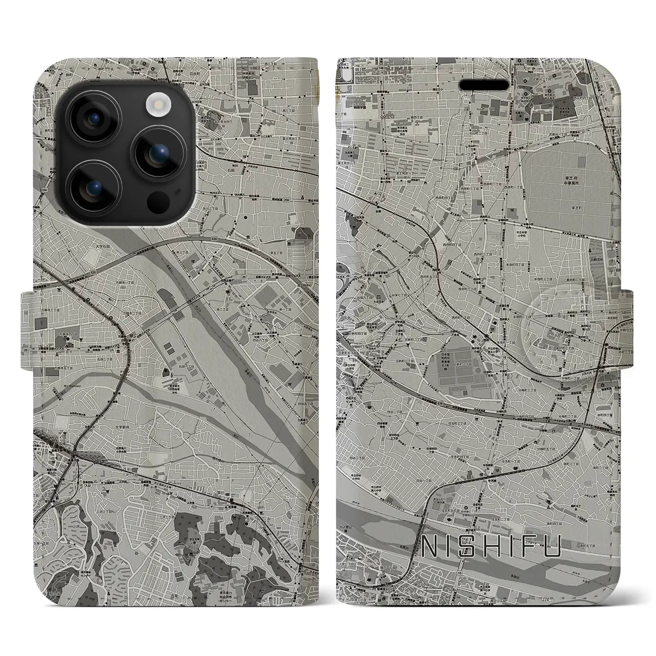 【西府(東京都)】地図柄iPhoneケース(手帳タイプ)モノトーン・iPhone 16 用
