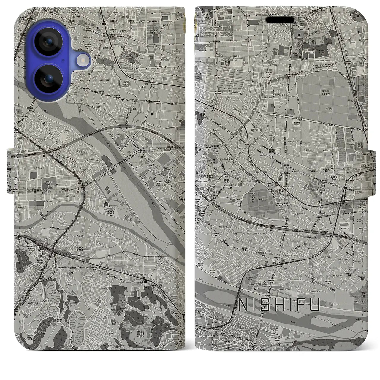 【西府(東京都)】地図柄iPhoneケース(手帳タイプ)モノトーン・iPhone 16 Pro Max 用