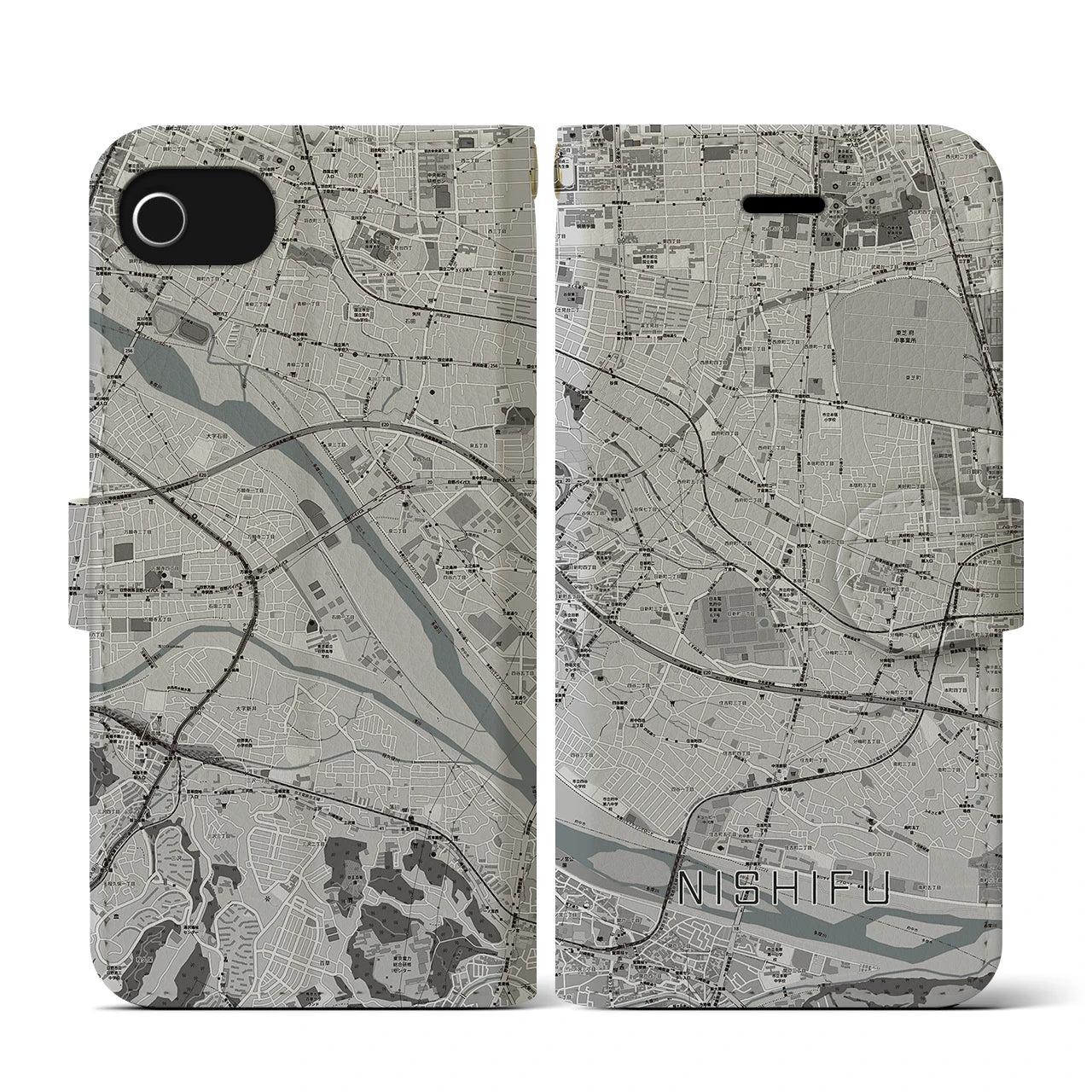 【西府(東京都)】地図柄iPhoneケース(手帳タイプ)モノトーン・iPhone SE(第3 / 第2世代) / 8 / 7 / 6s / 6 用