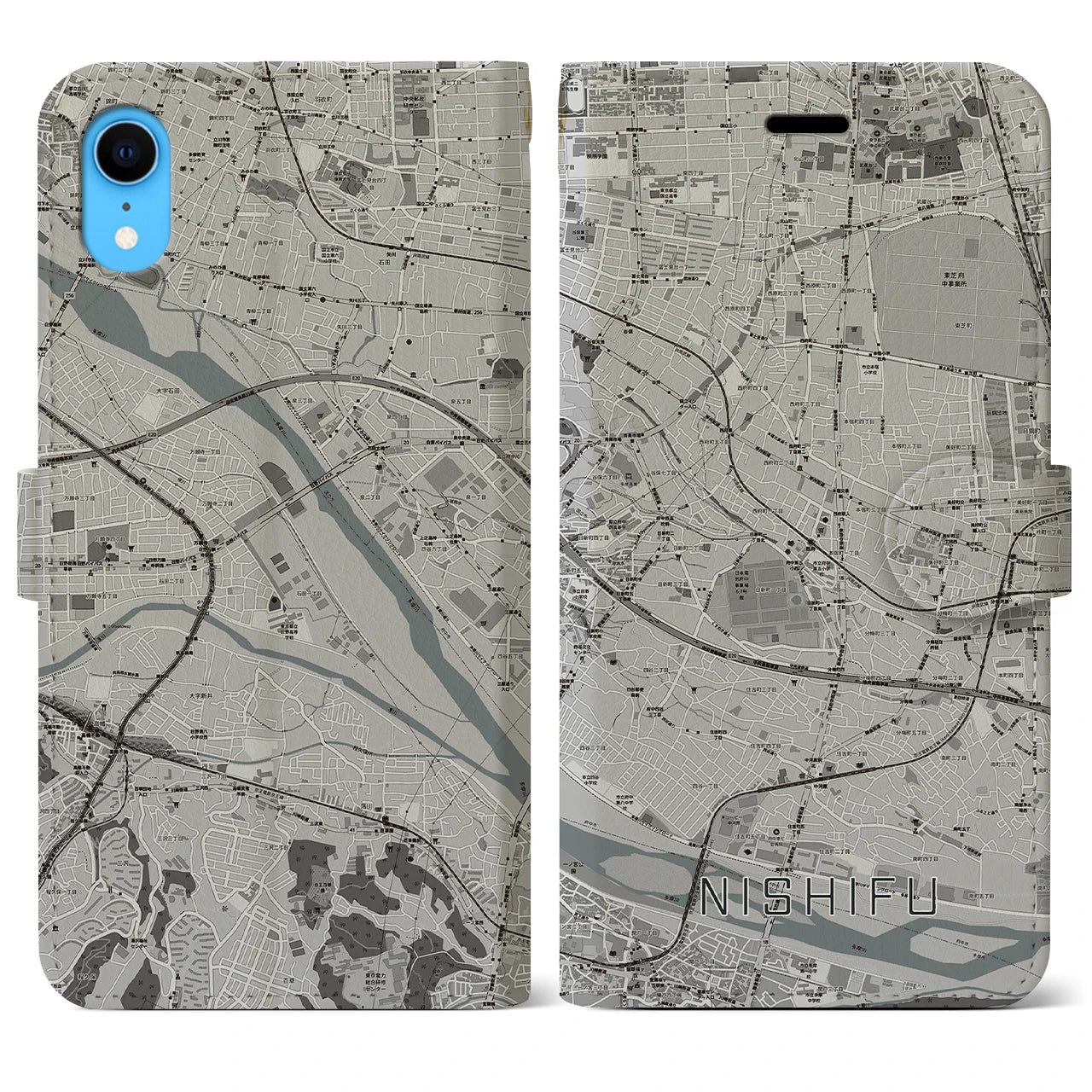 【西府(東京都)】地図柄iPhoneケース(手帳タイプ)モノトーン・iPhone XR 用
