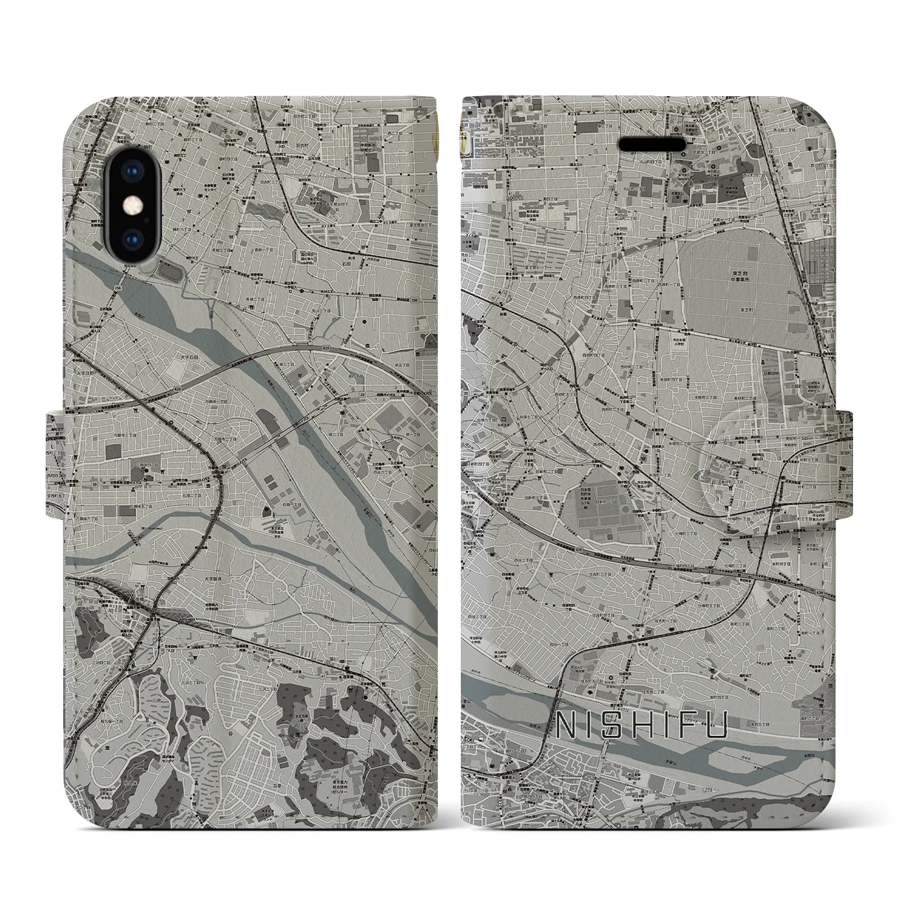 【西府(東京都)】地図柄iPhoneケース(手帳タイプ)モノトーン・iPhone XS / X 用