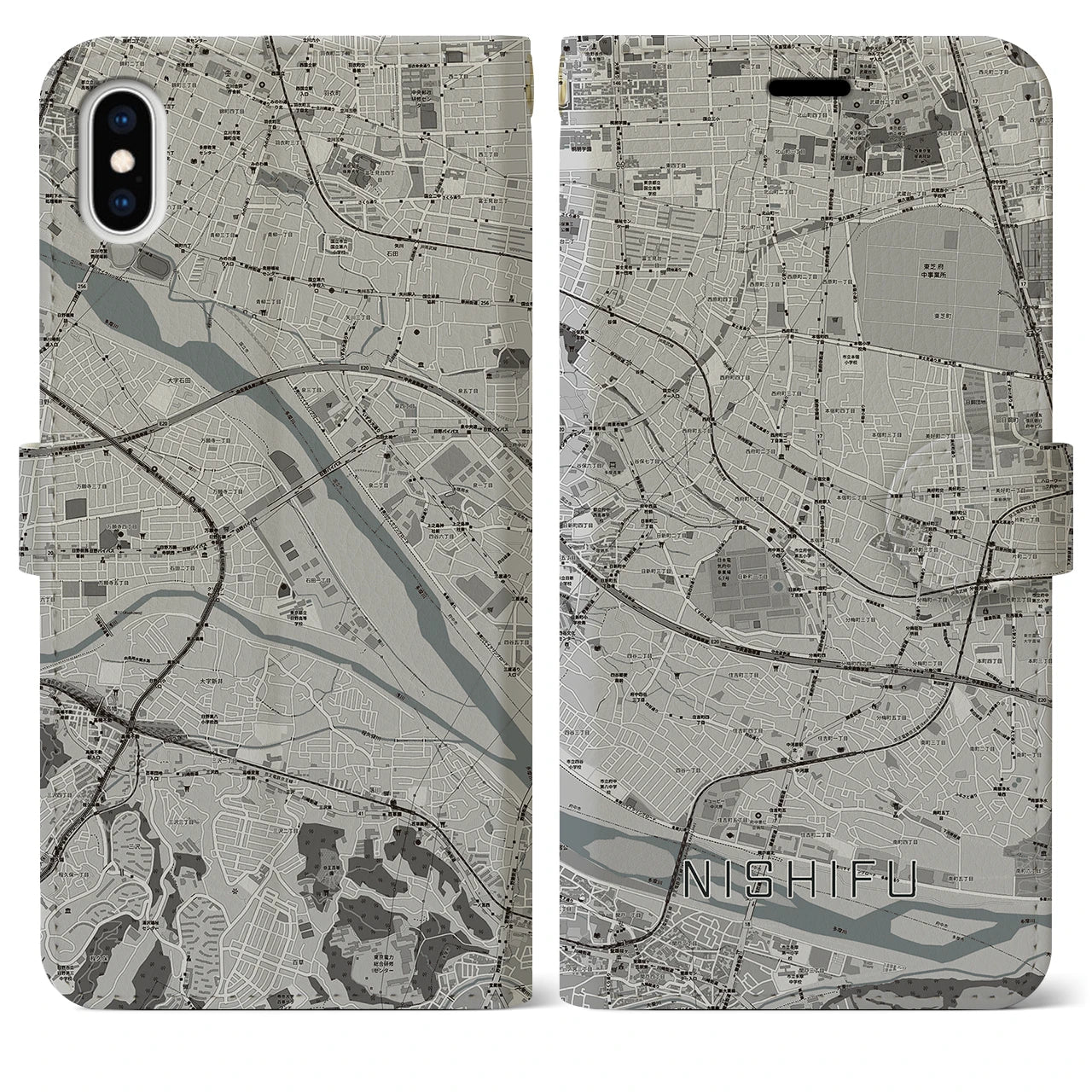 【西府(東京都)】地図柄iPhoneケース(手帳タイプ)モノトーン・iPhone XS Max 用