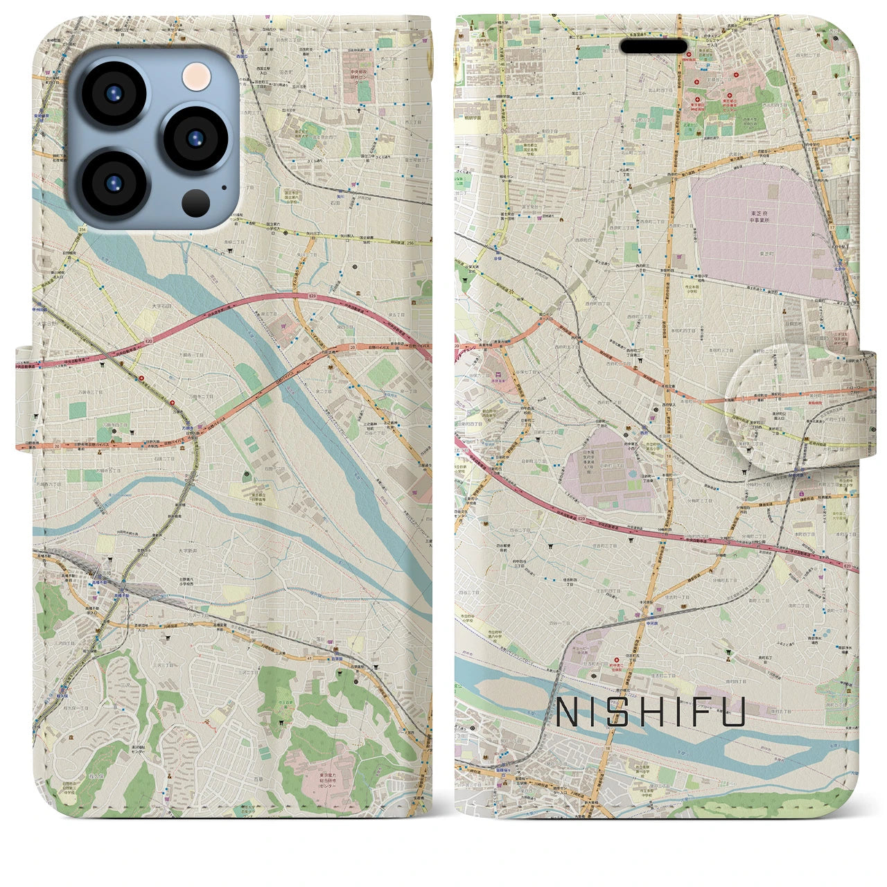 【西府(東京都)】地図柄iPhoneケース(手帳タイプ)