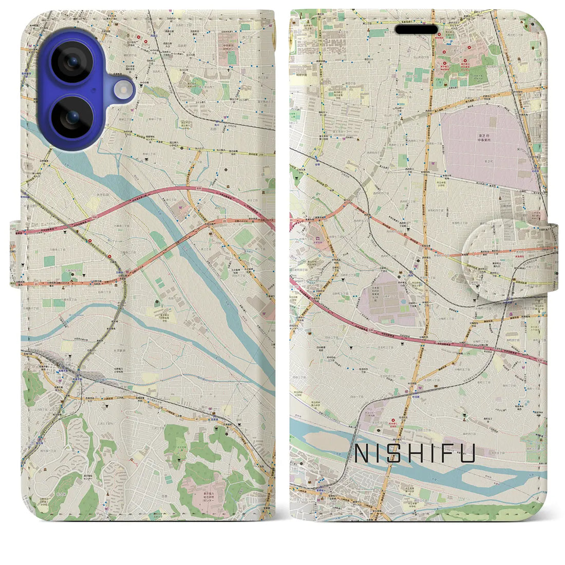 【西府(東京都)】地図柄iPhoneケース(手帳タイプ)ナチュラル・iPhone 16 Pro Max 用