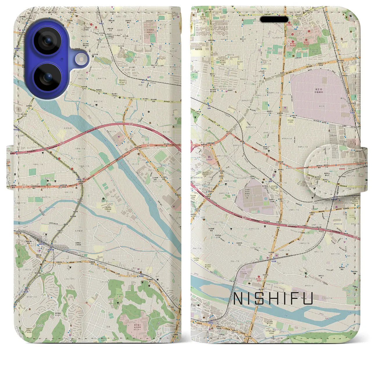 【西府(東京都)】地図柄iPhoneケース(手帳タイプ)