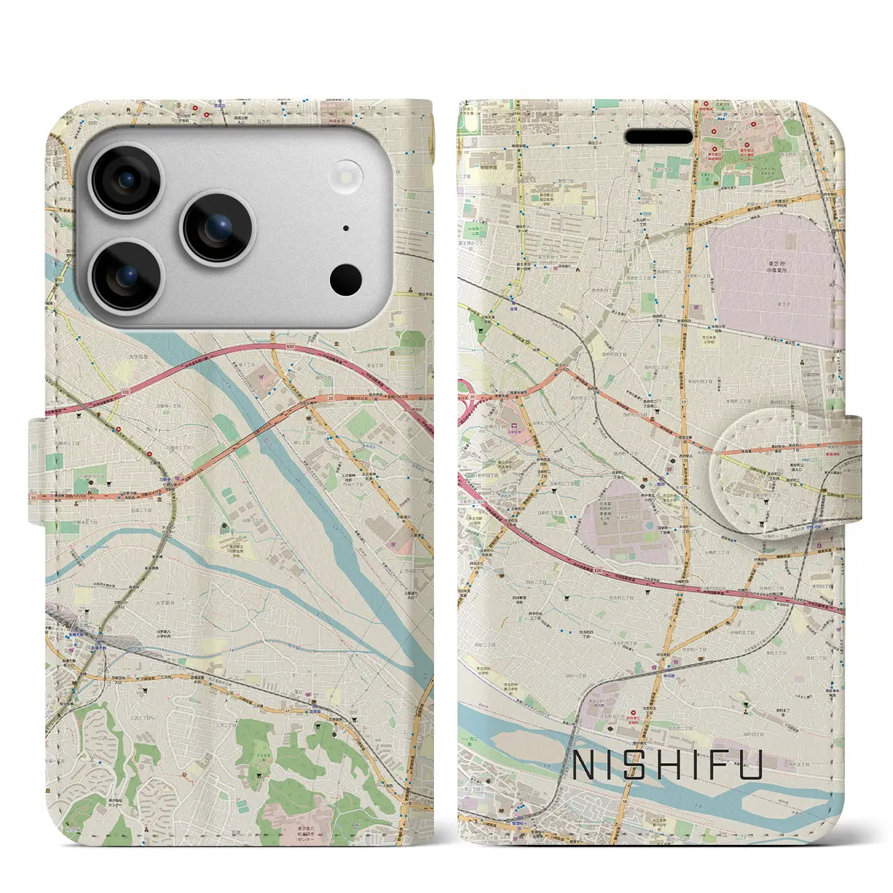 【西府(東京都)】地図柄iPhoneケース(手帳タイプ)