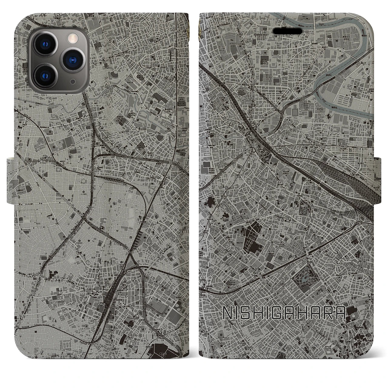 【西ケ原(東京都)】地図柄iPhoneケース(手帳タイプ)モノトーン・iPhone 11 Pro Max 用