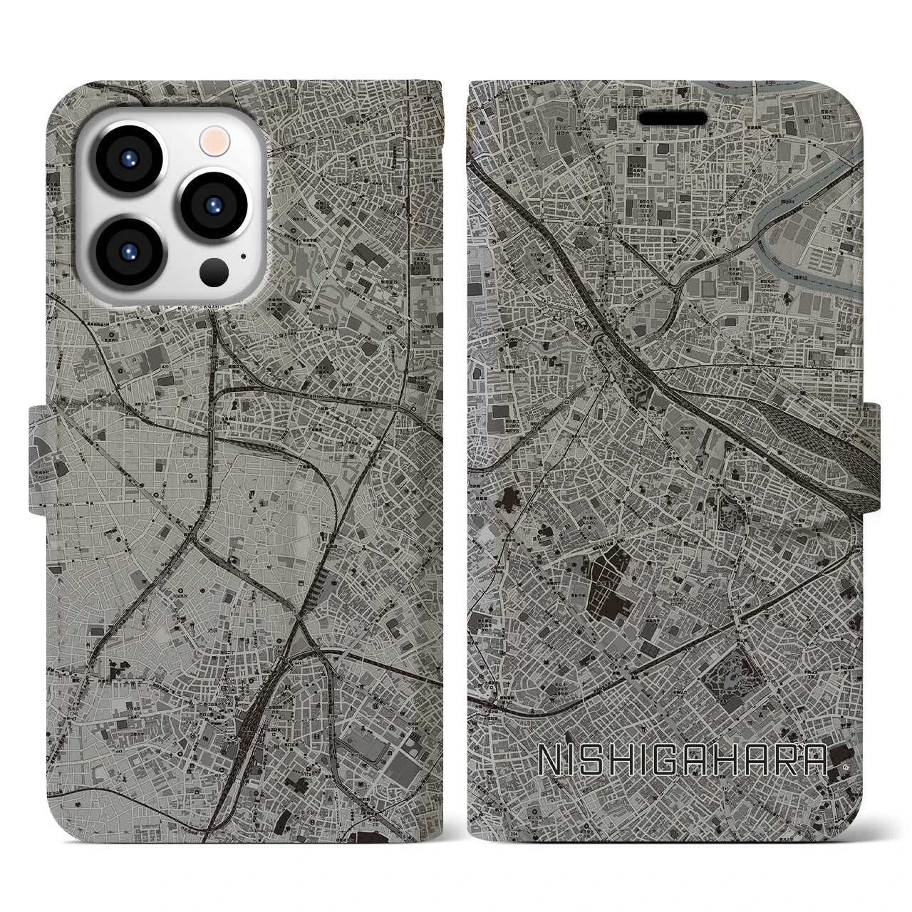 【西ケ原(東京都)】地図柄iPhoneケース(手帳タイプ)モノトーン・iPhone 13 Pro 用
