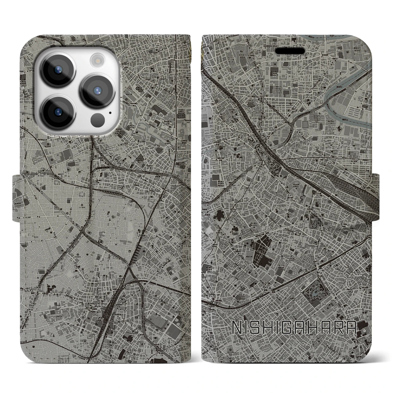 【西ケ原(東京都)】地図柄iPhoneケース(手帳タイプ)モノトーン・iPhone 14 Pro 用