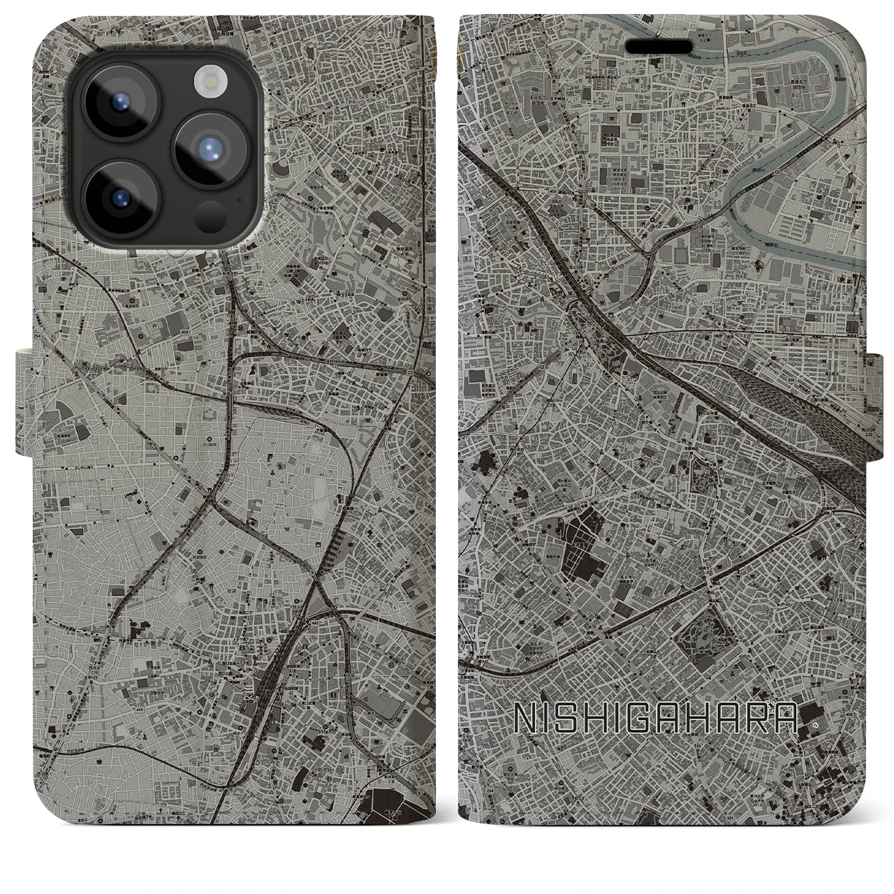 【西ケ原(東京都)】地図柄iPhoneケース(手帳タイプ)モノトーン・iPhone 15 Pro Max 用