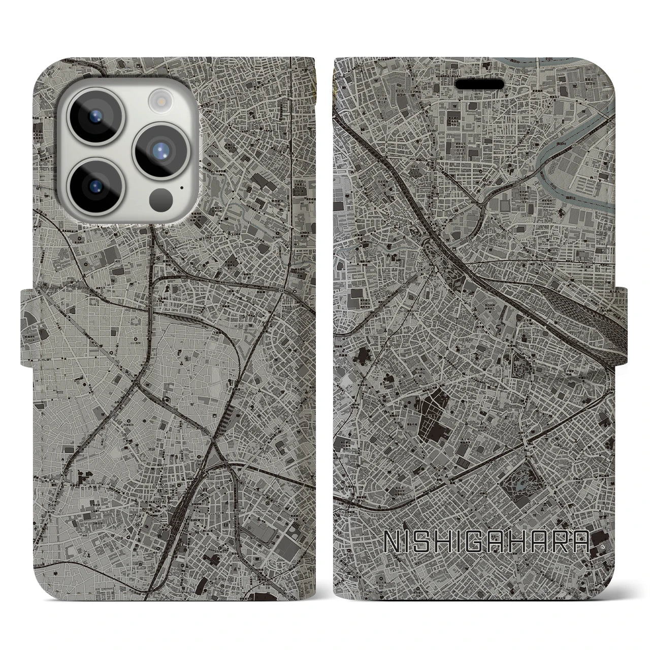 【西ケ原(東京都)】地図柄iPhoneケース(手帳タイプ)モノトーン・iPhone 15 Pro 用