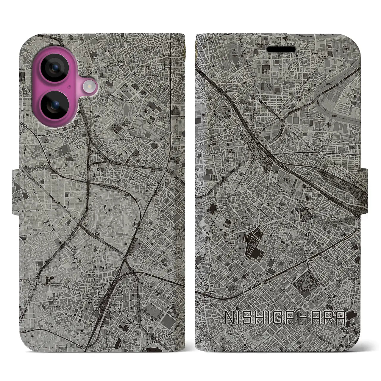 【西ケ原(東京都)】地図柄iPhoneケース(手帳タイプ)モノトーン・iPhone 16 Pro 用