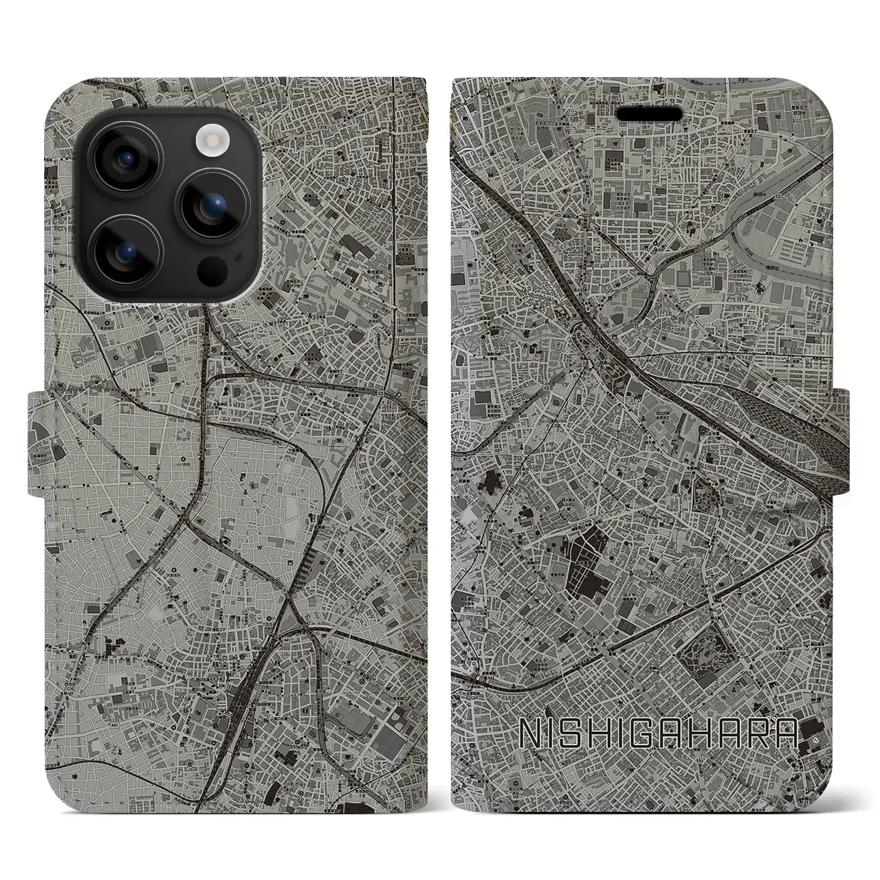 【西ケ原(東京都)】地図柄iPhoneケース(手帳タイプ)モノトーン・iPhone 16 用