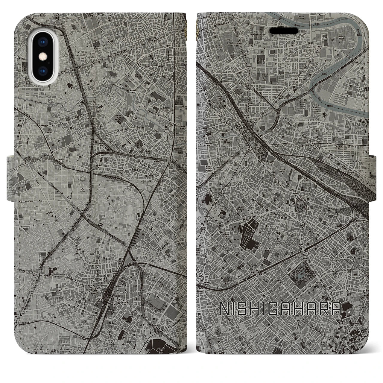 【西ケ原(東京都)】地図柄iPhoneケース(手帳タイプ)モノトーン・iPhone XS Max 用