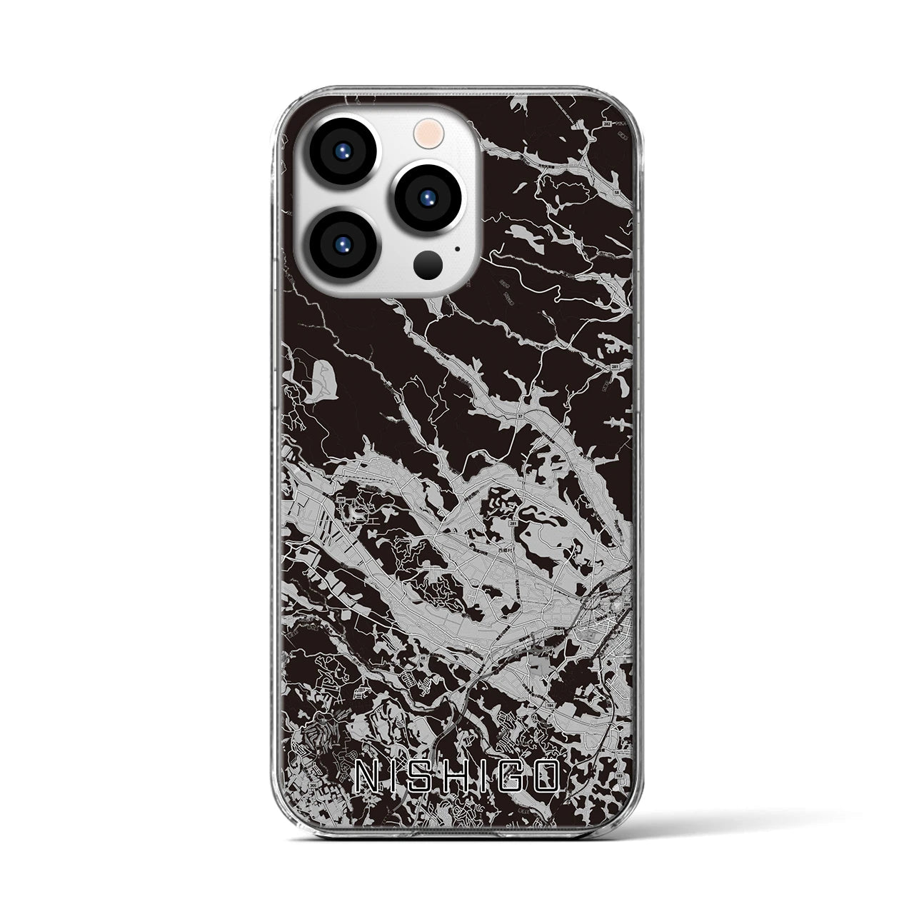【西郷(福島県)】地図柄iPhoneケース(クリアタイプ)モノトーン・iPhone 13 Pro 用