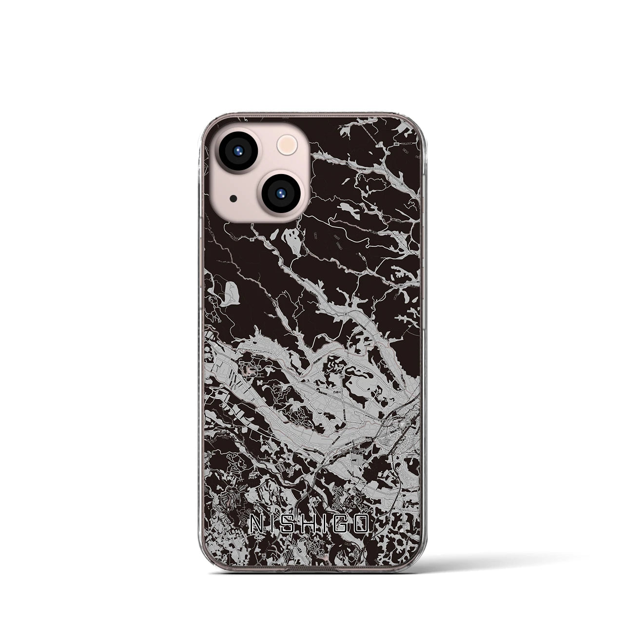 【西郷(福島県)】地図柄iPhoneケース(クリアタイプ)モノトーン・iPhone 13 mini 用