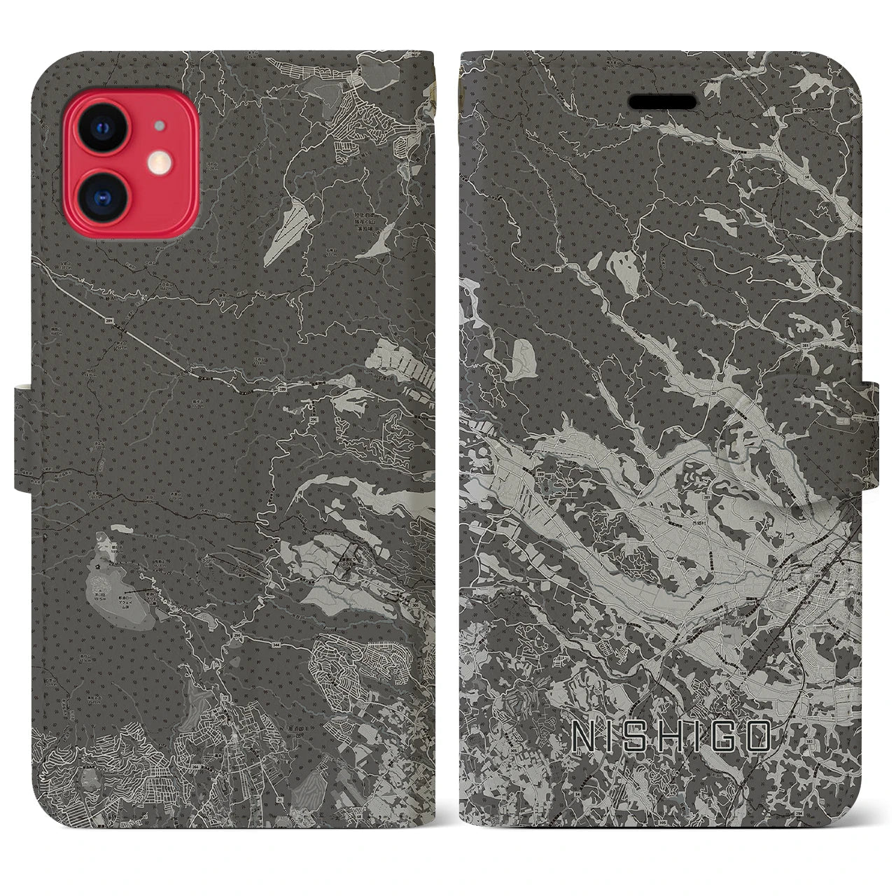 【西郷(福島県)】地図柄iPhoneケース(手帳タイプ)モノトーン・iPhone 11 用