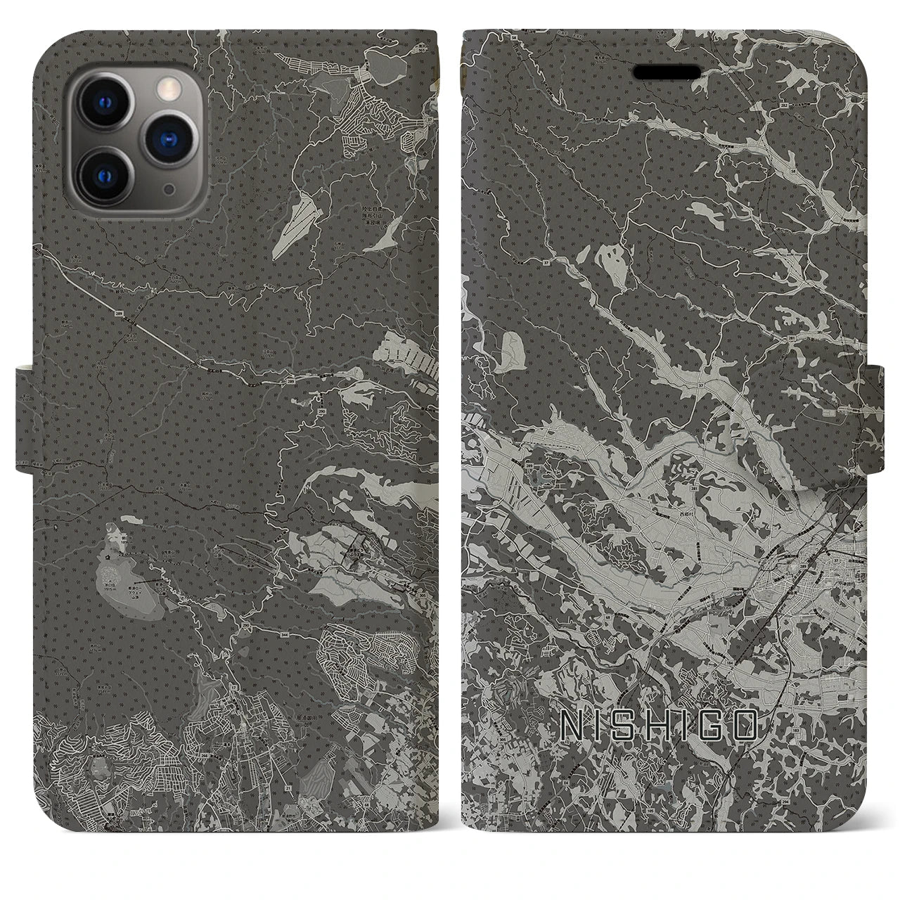 【西郷(福島県)】地図柄iPhoneケース(手帳タイプ)モノトーン・iPhone 11 Pro Max 用