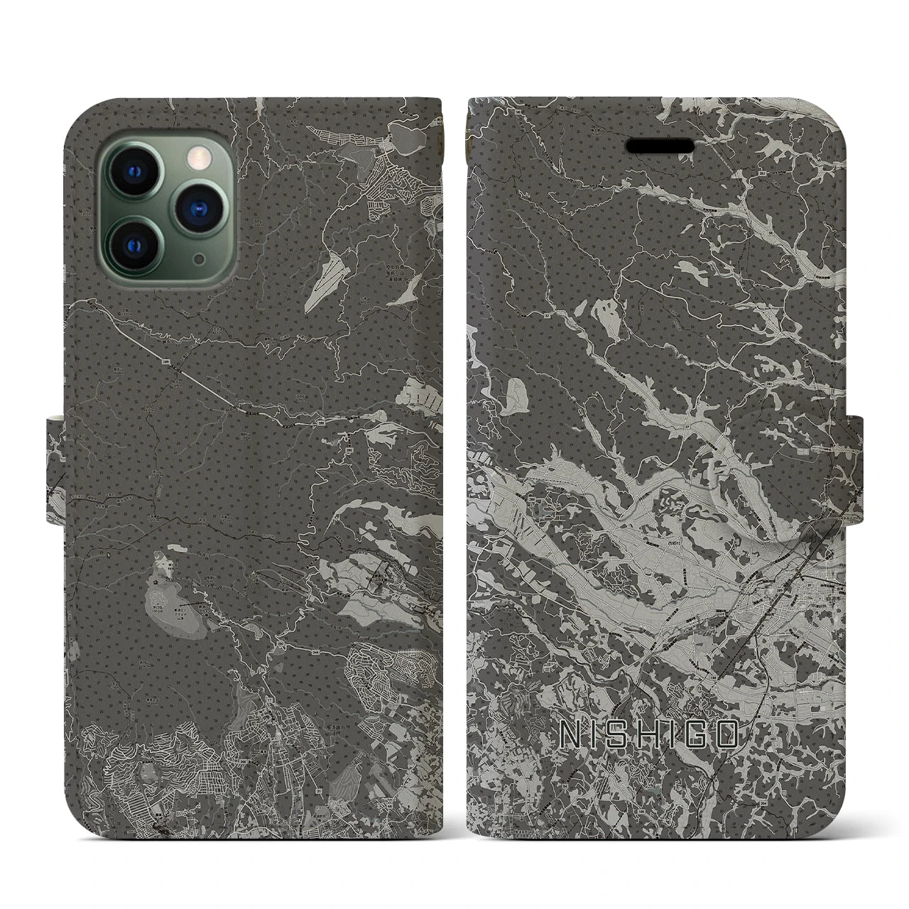 【西郷(福島県)】地図柄iPhoneケース(手帳タイプ)モノトーン・iPhone 11 Pro 用
