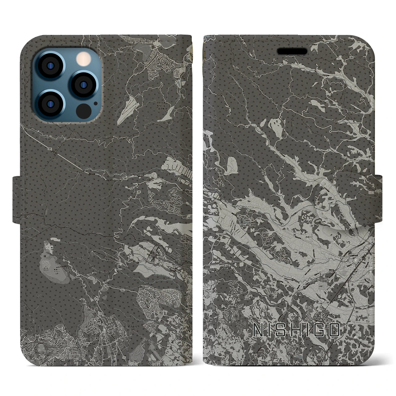 【西郷(福島県)】地図柄iPhoneケース(手帳タイプ)モノトーン・iPhone 12 / 12 Pro 用