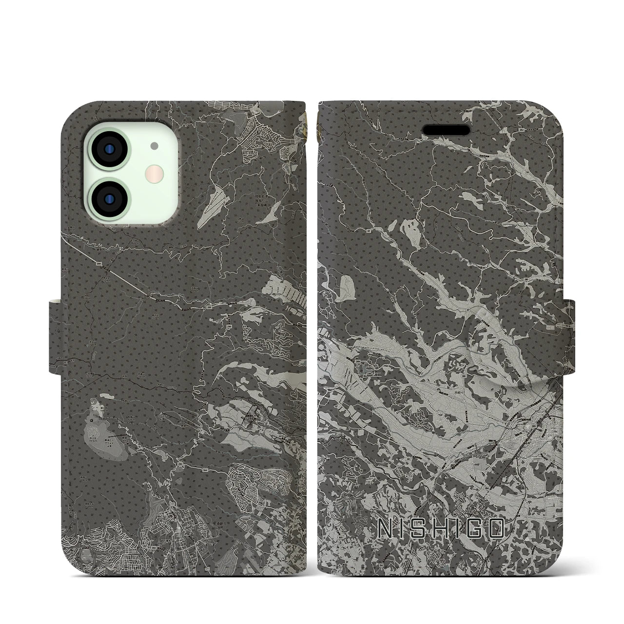 【西郷(福島県)】地図柄iPhoneケース(手帳タイプ)モノトーン・iPhone 12 mini 用