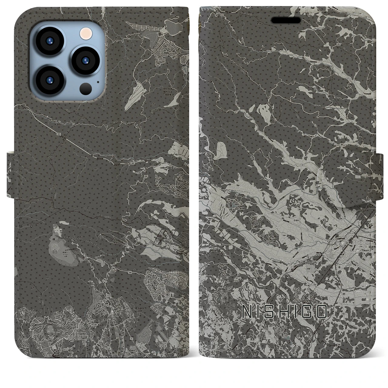 【西郷(福島県)】地図柄iPhoneケース(手帳タイプ)モノトーン・iPhone 13 Pro Max 用