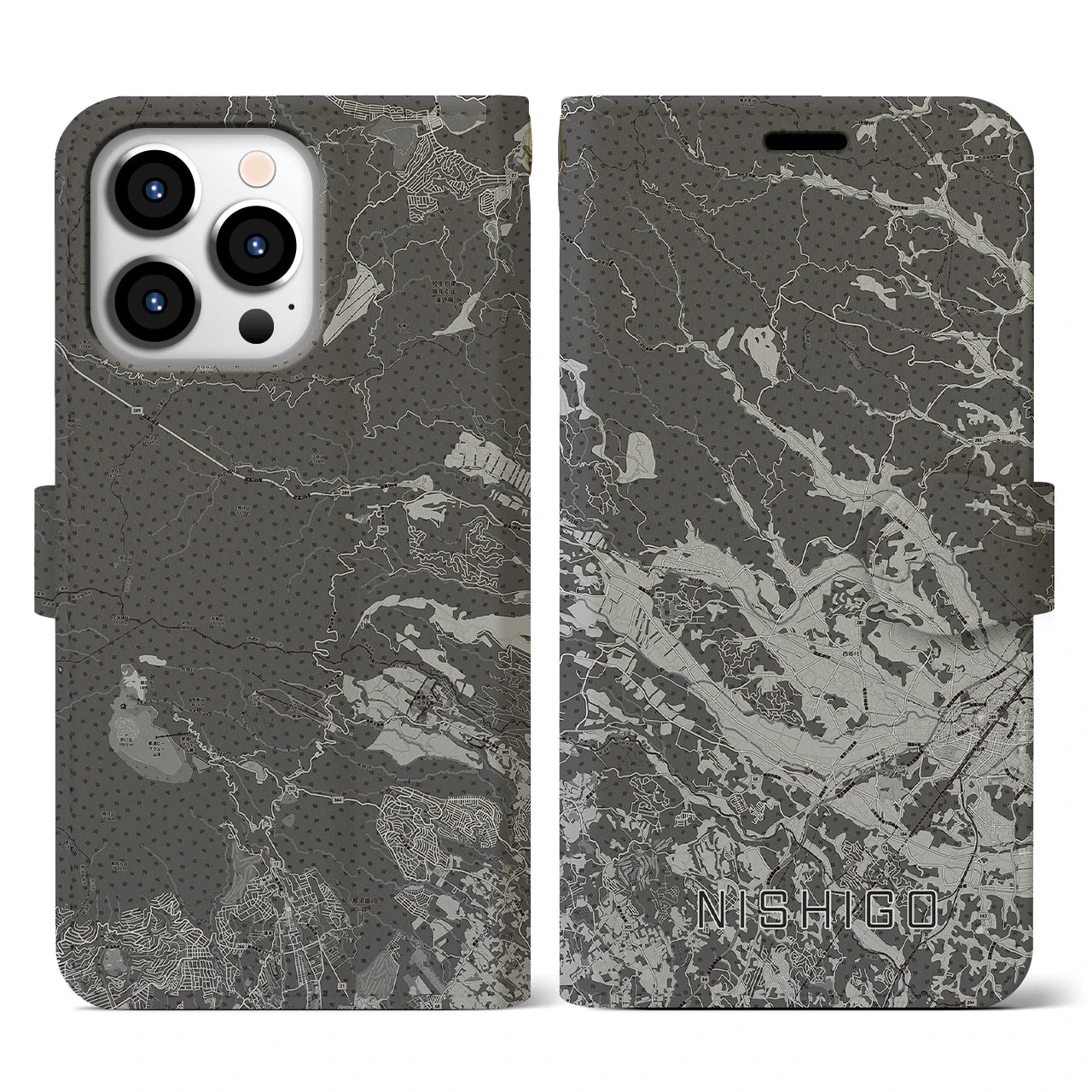 【西郷(福島県)】地図柄iPhoneケース(手帳タイプ)モノトーン・iPhone 13 Pro 用