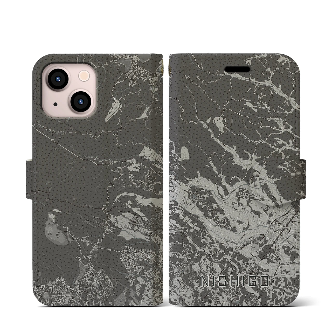 【西郷(福島県)】地図柄iPhoneケース(手帳タイプ)モノトーン・iPhone 13 mini 用