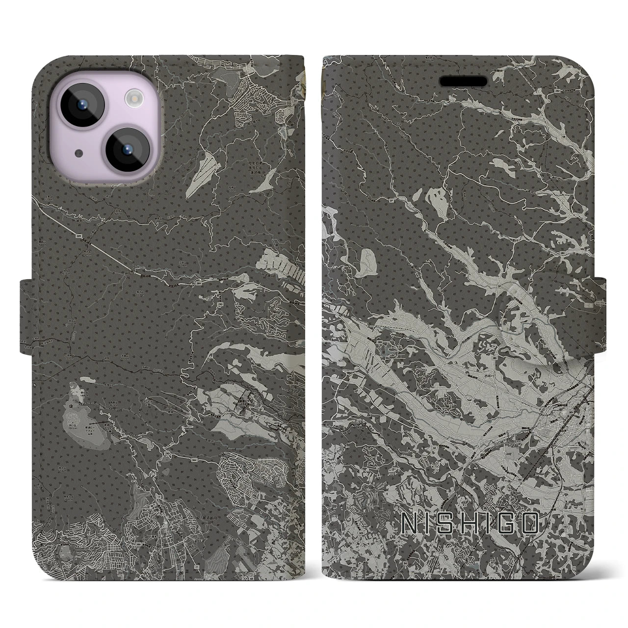 【西郷(福島県)】地図柄iPhoneケース(手帳タイプ)モノトーン・iPhone 14 用