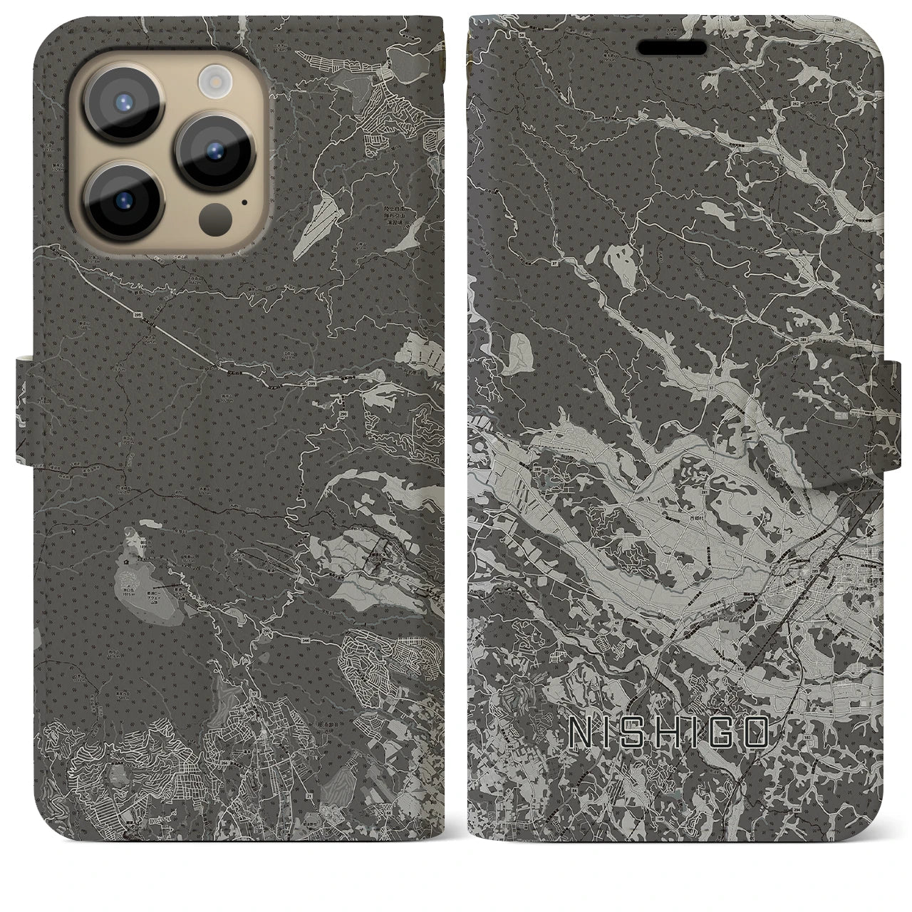 【西郷(福島県)】地図柄iPhoneケース(手帳タイプ)モノトーン・iPhone 14 Pro Max 用