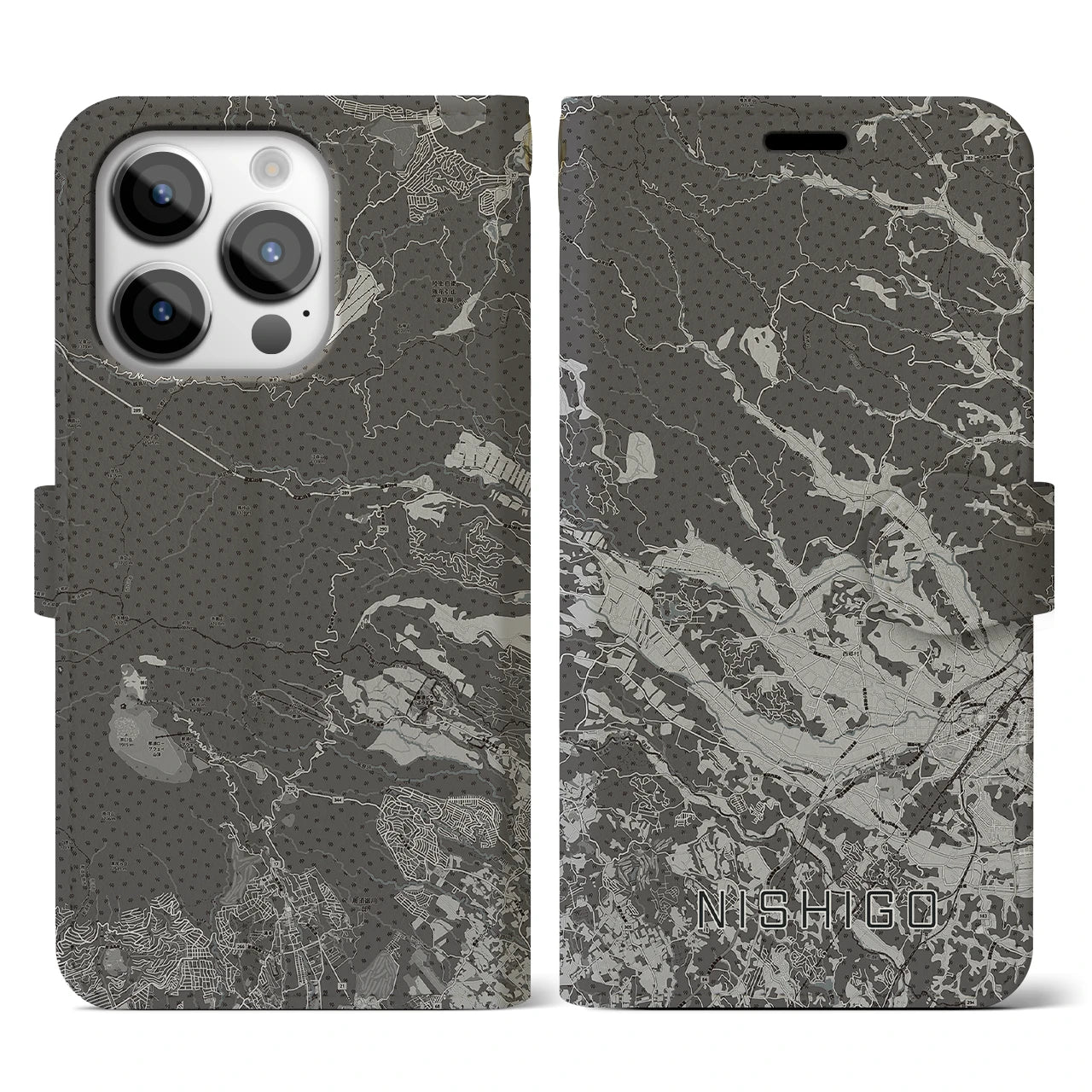 【西郷(福島県)】地図柄iPhoneケース(手帳タイプ)モノトーン・iPhone 14 Pro 用