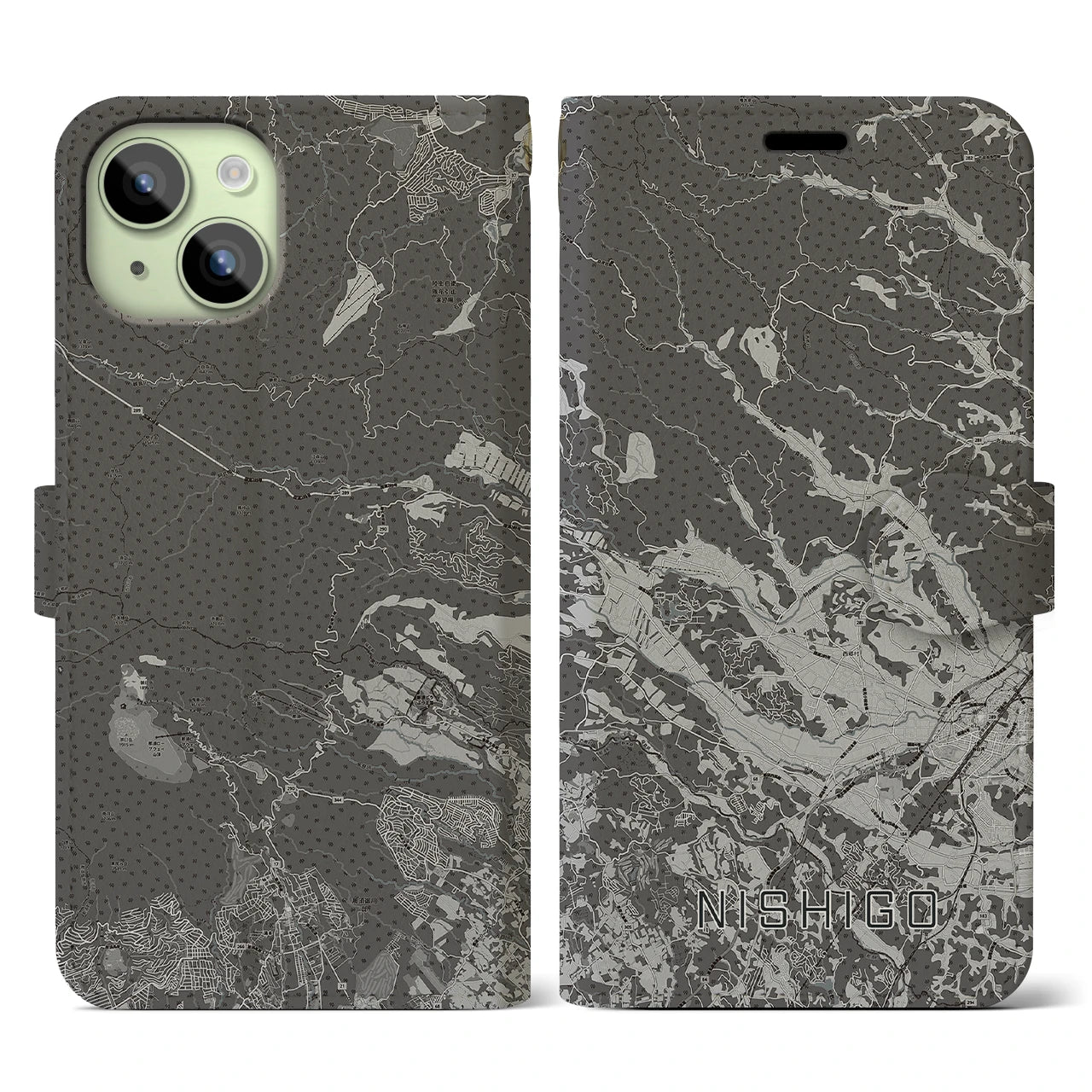 【西郷(福島県)】地図柄iPhoneケース(手帳タイプ)モノトーン・iPhone 15 用