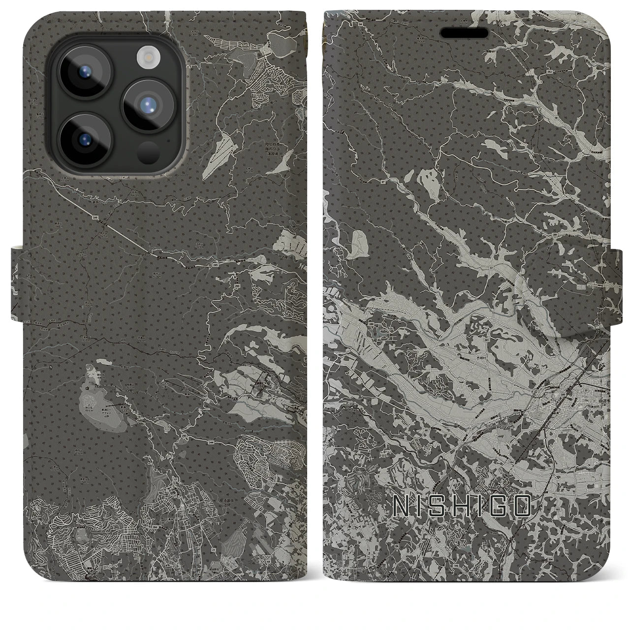 【西郷(福島県)】地図柄iPhoneケース(手帳タイプ)モノトーン・iPhone 15 Pro Max 用