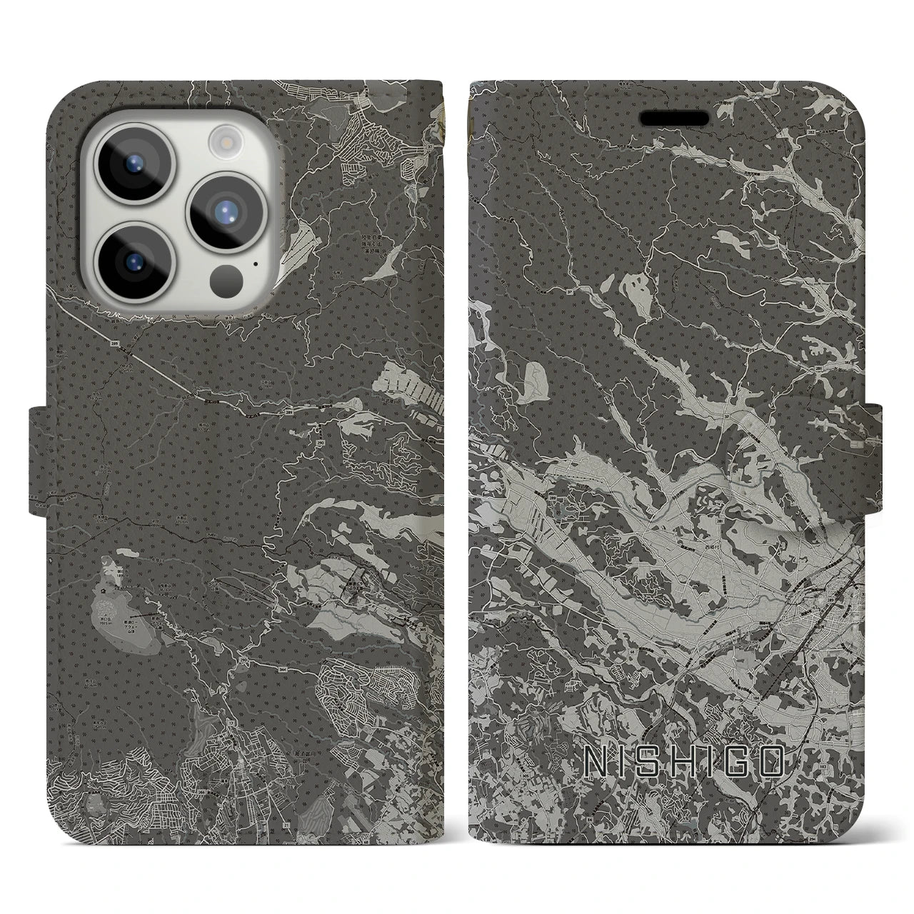 【西郷(福島県)】地図柄iPhoneケース(手帳タイプ)モノトーン・iPhone 15 Pro 用