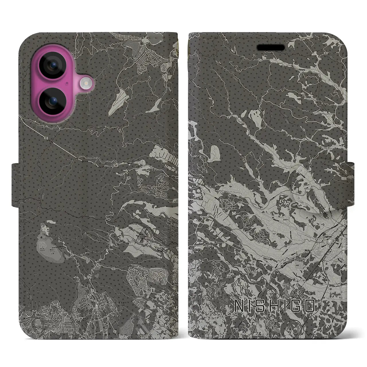 【西郷(福島県)】地図柄iPhoneケース(手帳タイプ)モノトーン・iPhone 16 Pro 用