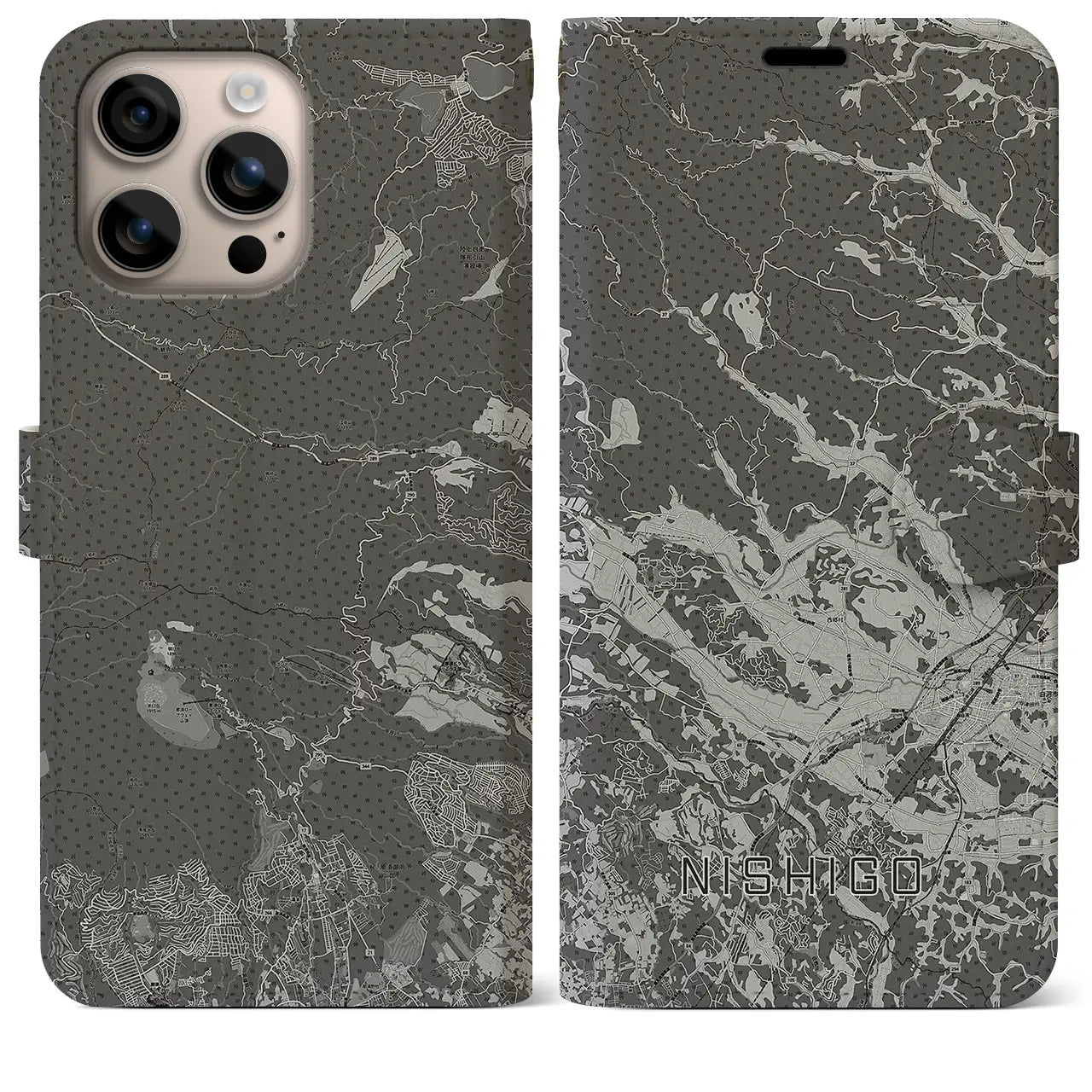 【西郷(福島県)】地図柄iPhoneケース(手帳タイプ)モノトーン・iPhone 16 Plus 用