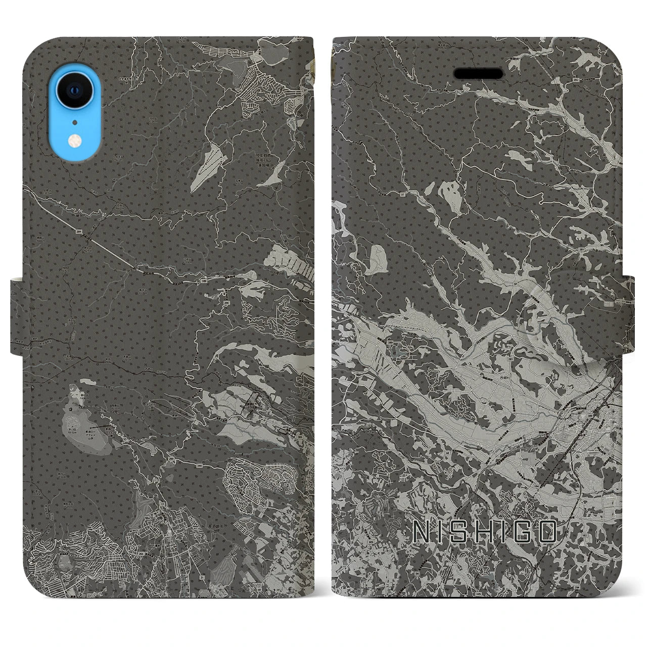 【西郷(福島県)】地図柄iPhoneケース(手帳タイプ)モノトーン・iPhone XR 用