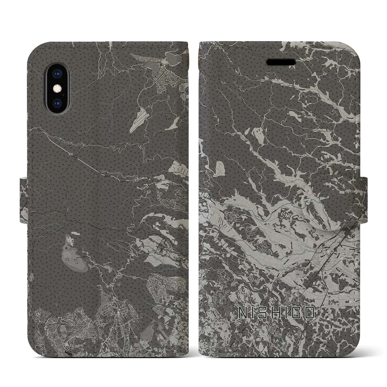 【西郷(福島県)】地図柄iPhoneケース(手帳タイプ)モノトーン・iPhone XS / X 用
