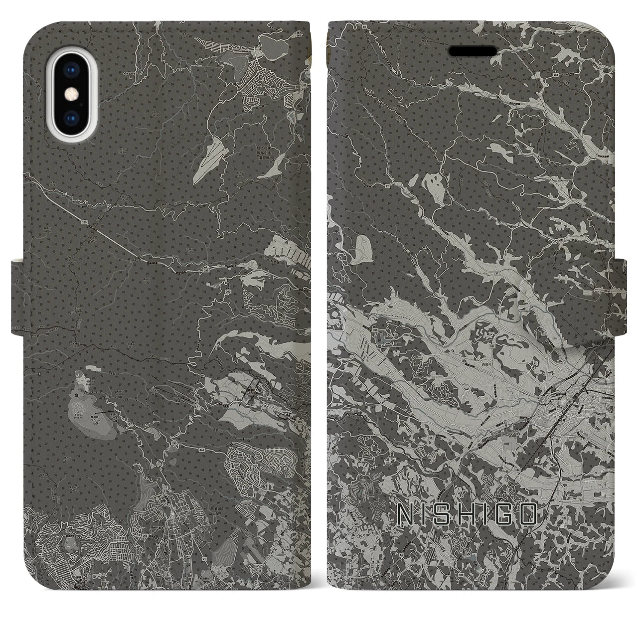 【西郷(福島県)】地図柄iPhoneケース(手帳タイプ)モノトーン・iPhone XS Max 用