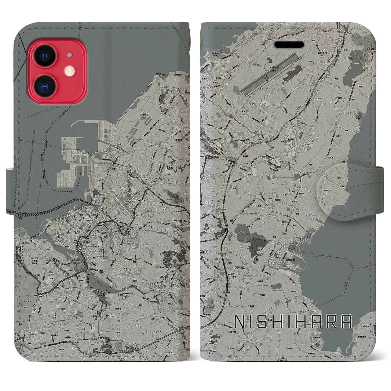 【西原(沖縄県)】地図柄iPhoneケース(手帳タイプ)モノトーン・iPhone 11 用