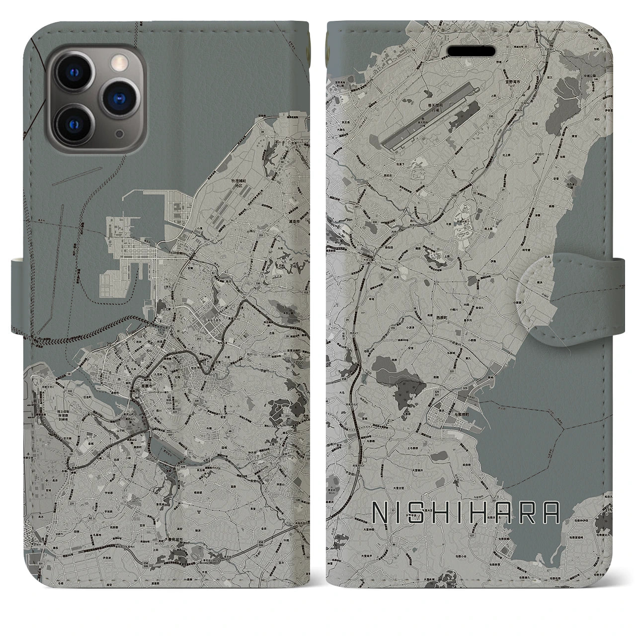 【西原(沖縄県)】地図柄iPhoneケース(手帳タイプ)モノトーン・iPhone 11 Pro Max 用