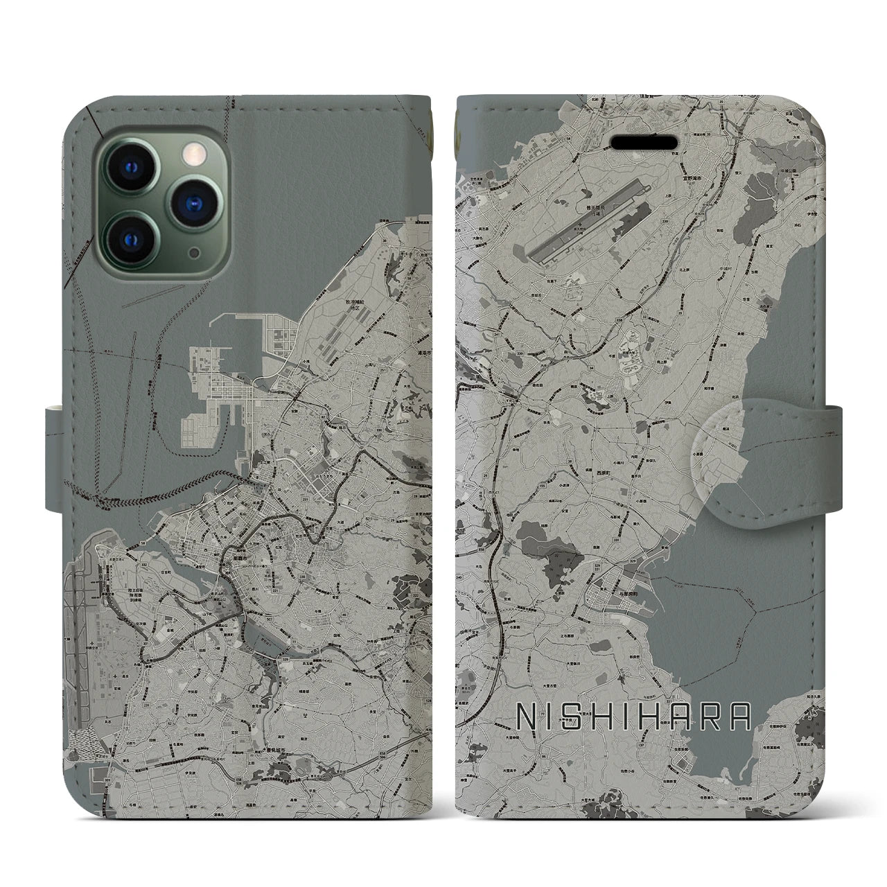 【西原(沖縄県)】地図柄iPhoneケース(手帳タイプ)モノトーン・iPhone 11 Pro 用