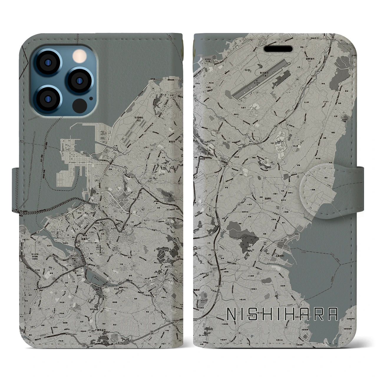 【西原(沖縄県)】地図柄iPhoneケース(手帳タイプ)モノトーン・iPhone 12 / 12 Pro 用
