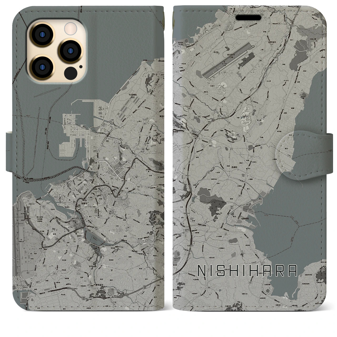 【西原(沖縄県)】地図柄iPhoneケース(手帳タイプ)モノトーン・iPhone 12 Pro Max 用
