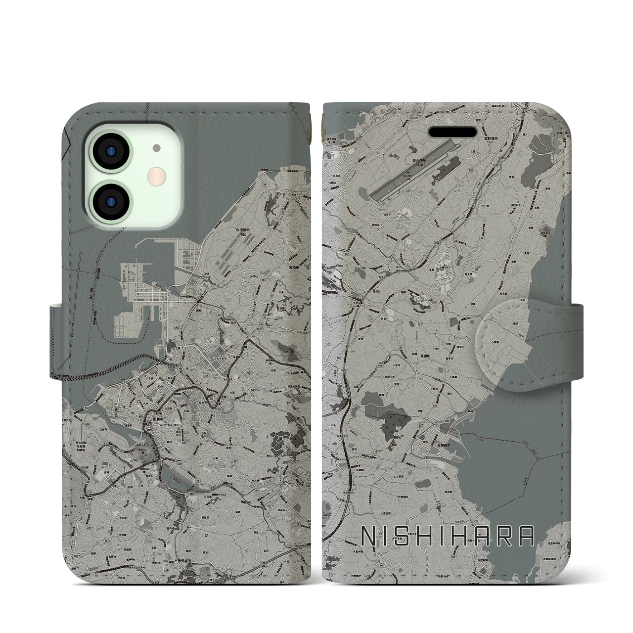【西原(沖縄県)】地図柄iPhoneケース(手帳タイプ)モノトーン・iPhone 12 mini 用