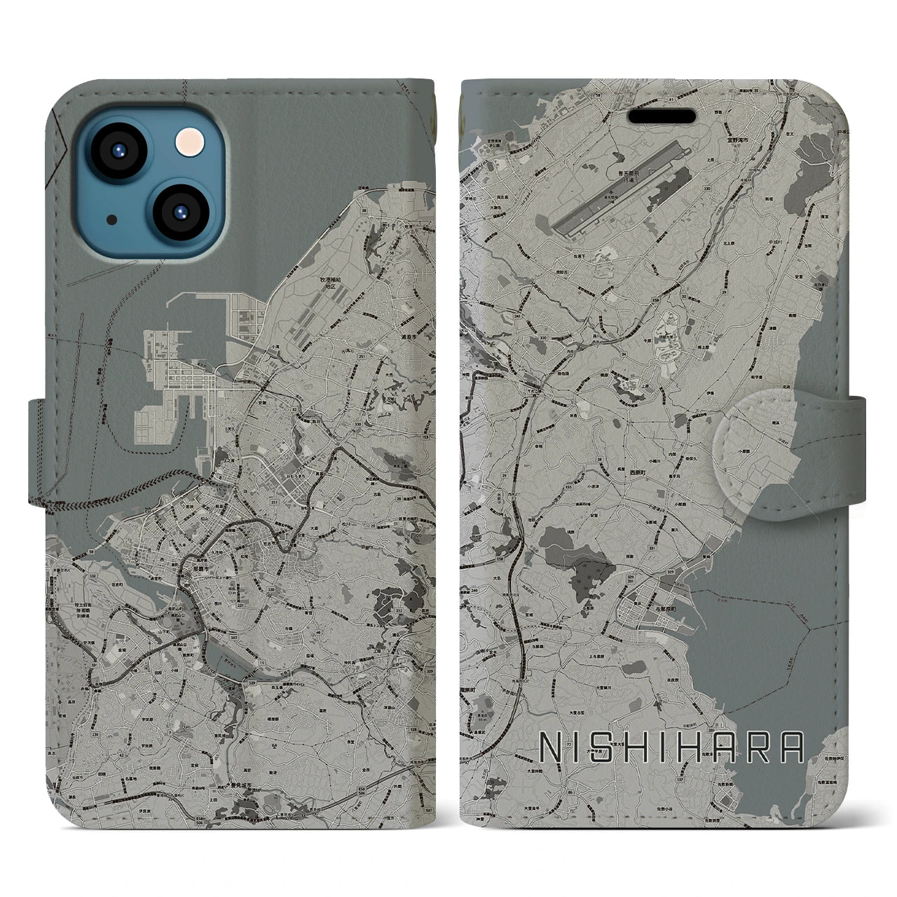 【西原(沖縄県)】地図柄iPhoneケース(手帳タイプ)モノトーン・iPhone 13 用