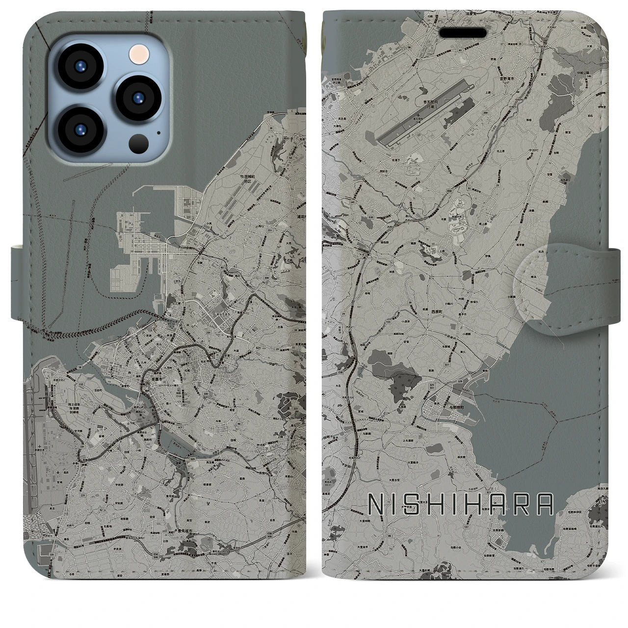 【西原(沖縄県)】地図柄iPhoneケース(手帳タイプ)モノトーン・iPhone 13 Pro Max 用